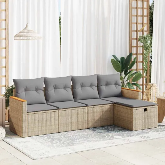 vidaXL 5-delige Loungeset met kussens poly rattan beige, foto 2