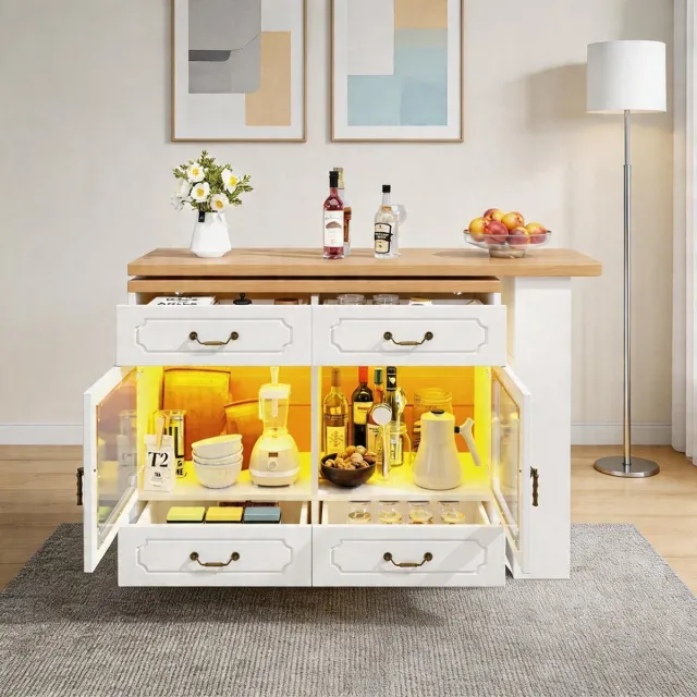 KOMHTOM Uitschuifbare bartafel met opbergruimte - 360° draaibaar - Telescopisch - LED-verlichting - Hoge keukeneilandtafel - 135-203x39x92,8 cm - Wit Natuurlijk, wit