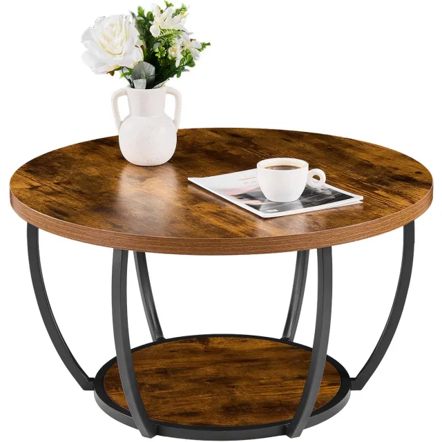 Vevor Ronde Salontafel/Bijzettafel, Tweelaagse Banktafel Met Metalen Frame & Open Opbergruimte & 34,9 Kg Draagvermogen, Minimalistische Woonkamertafel/Salontafel, Rustiek Bruin