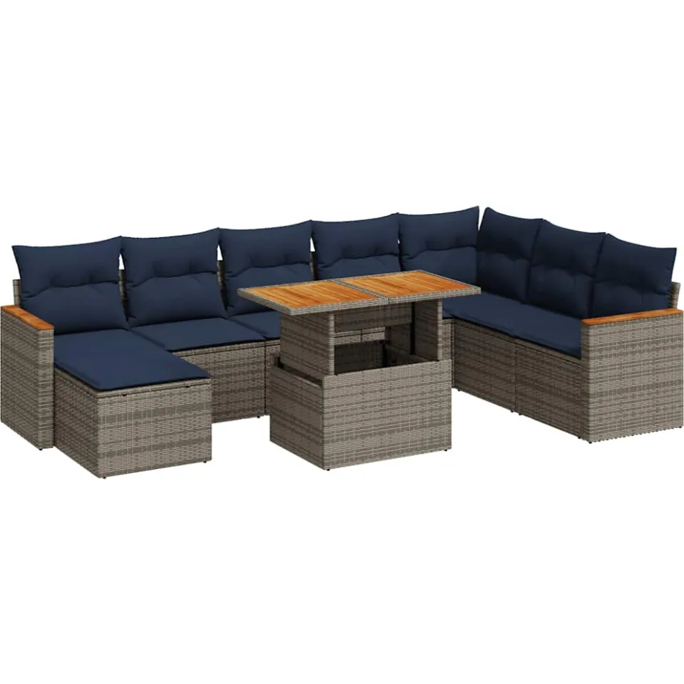 vidaXL 9-delige Loungeset met kussens poly rattan grijs, foto 3