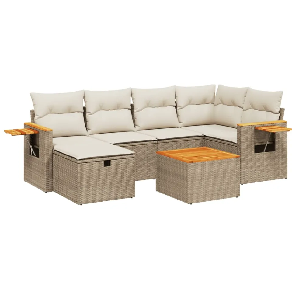 vidaXL 7-delige Loungeset met kussens poly rattan beige, foto 3
