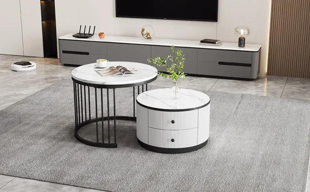 STILVORA Salontafels - Rond 2 Delige Set Salontafel Met Laden - Multifunctionele Opbergruimte Voor Balkon En Woonkamer - MDF Hoogglans Bovenblad - Zwart - Vorm Rond - 60x60x45,5 + 50x50x32 cm
