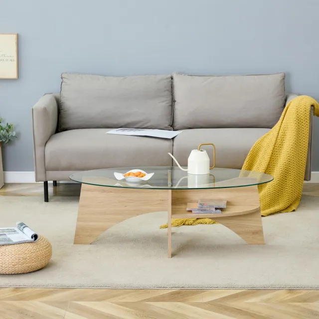 MODFU Luxe Ovale Salontafel met Glasplaat - Scandinavische Glazen Bijzettafel met Houtlook Onderstel & Opbergruimte - 105x60 cm Transparant + Hout