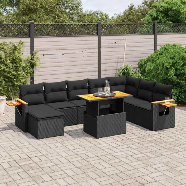 vidaXL 9-delige Loungeset met kussens poly rattan zwart, foto 2