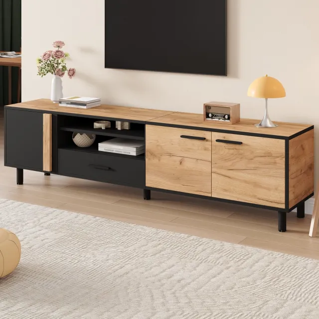 HAUSS SPOLE Tv-meubel - 180x32,5x50 cm Breed Tv-meubel Met 3 Kasten En Lade - Geschikt Voor Tot 80 Inch Tv Met 5 Steunpootjes Voor Stabiliteit - Spaanplaat - Zwart/Hout