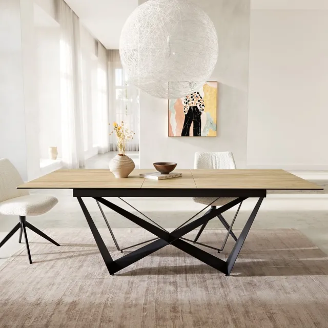 DELIFE Eetkamertafel Edge keramiek Laminam® Sabbia eiken kleur 180-220x100 spider vlak staal zwart uitschuifbaar Eichefarbig
