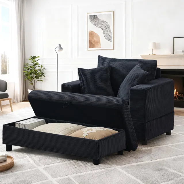 WUVRIE Chaise longue 107x74x57 cm - Met opbergvoetbank en 3 kussens - Zwart