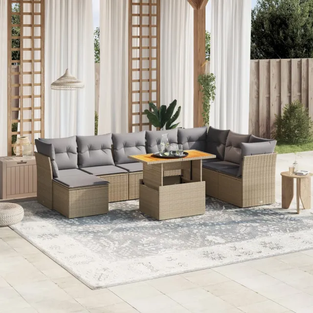 vidaXL 9-delige Loungeset met kussens poly rattan beige, foto 2