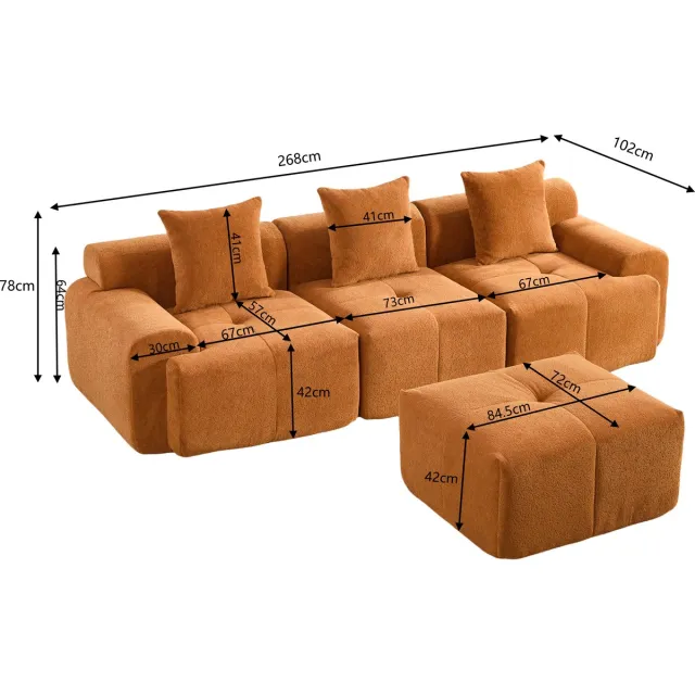 STILVORA Hoekbank 268 x 102 x 78 cm - Modulair 3-Zits Met Hocker En Zijvakken - Voor Woonkamer - Kordstof - Oranje