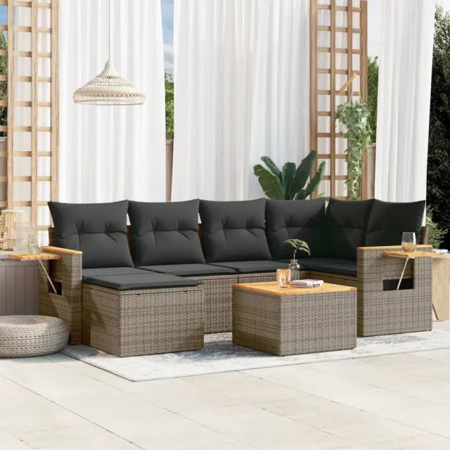 vidaXL 7-delige Loungeset met kussens poly rattan grijs, foto 2