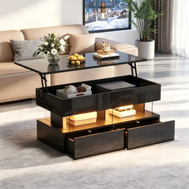 REDOM Salontafel - Hydraulisch hoogteverstelbaar tafelblad - Verborgen opbergruimte en 2 lades - LED verlichting - Hoogglans afwerking - MDF - Zwart - 100 x 50 x 46 cm