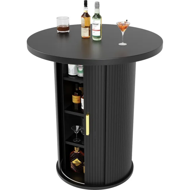 REDOM Ronde Bartafel 60 x 60 x 91,6 cm – Met Opbergkast en Schuifdeur – Moderne Statafel voor Woonkamer en Barruimte – MDF en Metaal – Zwart