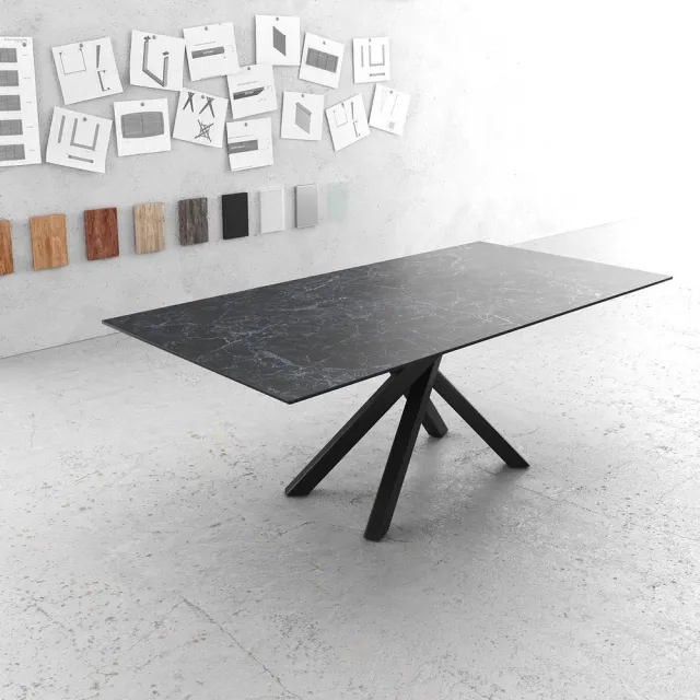 DELIFE Eettafel Edge Laminam® keramiek grijs 200x100cm middenvoet kruis zwart Nero Greco Anthrazit