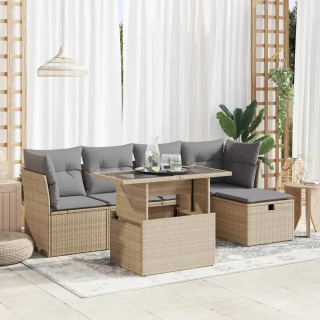 vidaXL 6-delige Loungeset met kussens poly rattan beige, foto 2