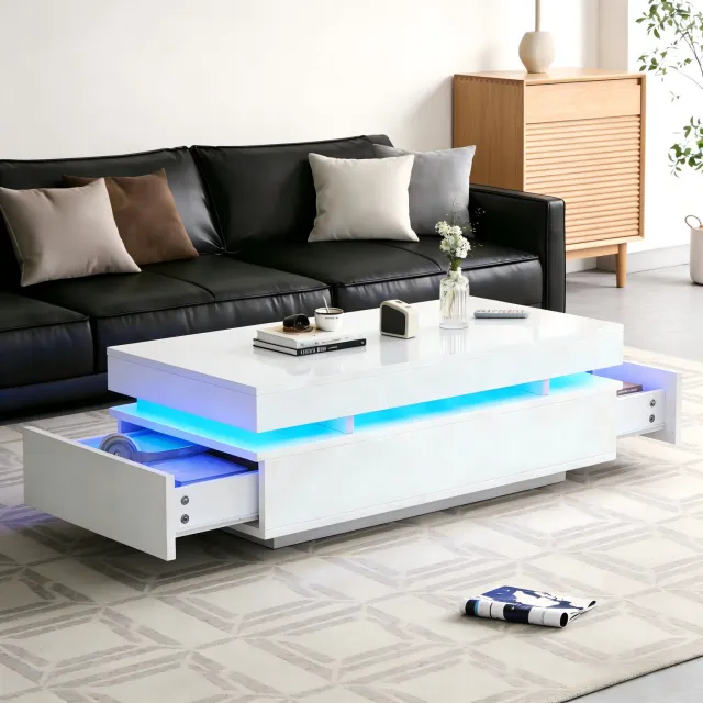 MEUNIQ Salontafel 100 x 50 x 35 cm – witte hoogglans salontafel met 2 lades, ledverlichting in het tafelblad en USB-voeding voor de woonkamer