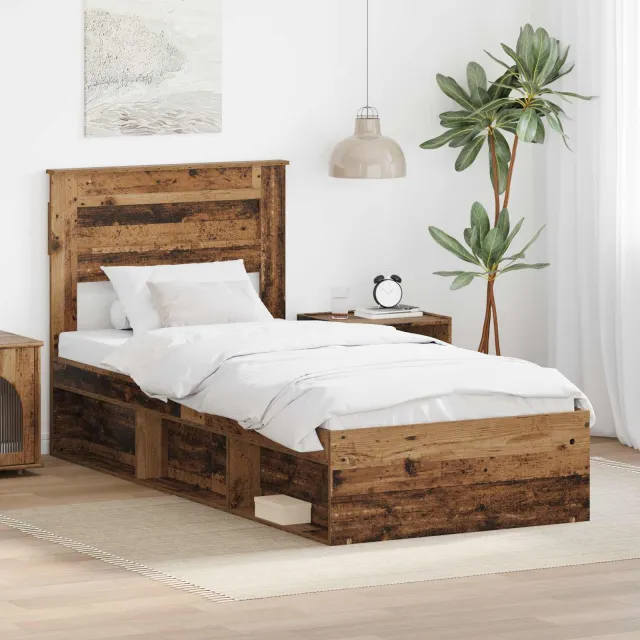 vidaXL Bedframe met hoofdeinde Oudhout 75 x 190 cm Massief grenenhout Bruin