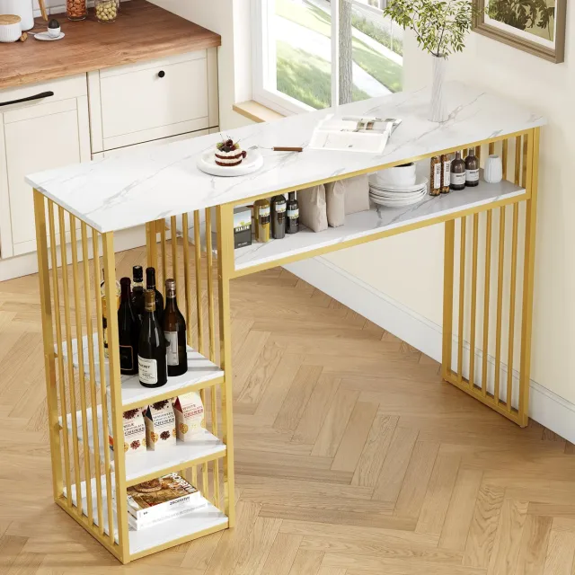 FloraGrace Bartafel - Met Open Opbergrekken En Marmerlook Blad - Voor Keuken En Eetkamer - MDF En Metaal - 140x40x105 Cm - Wit Goud