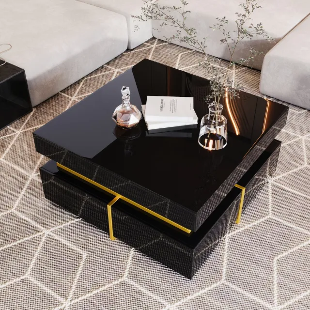 MODENUIT Salontafel - Hoogglans Met 2 Laden - Voor Woonkamer En Appartement - Spaanplaat - Zwart - 70x70x35,5 Cm