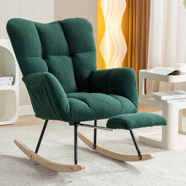 HAUSS SPOLE Schommelstoel Fauteuil Met Hoge Rugleuning En Armleuningen - Teddy Stof - Groen - Voor Woonkamer, Slaapkamer En Kantoor