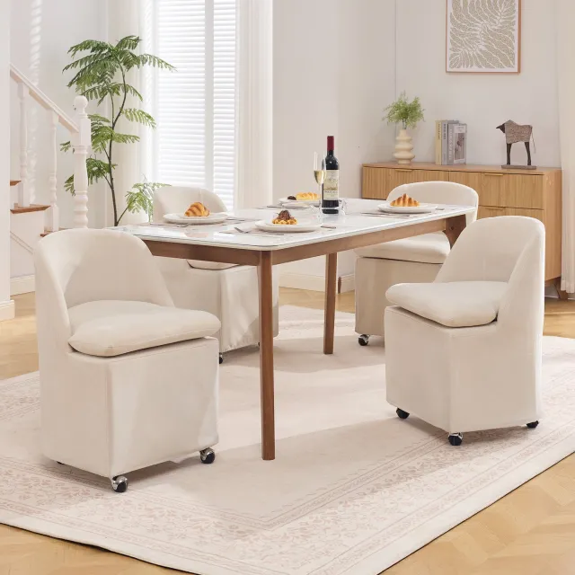 WUVRIE Eetkamerstoel set van 2 - Afneembare chenille bekleding en 360° draaibare wielen - Beige