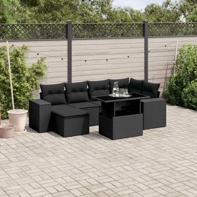 vidaXL 7-delige Loungeset met kussens poly rattan zwart, foto 2