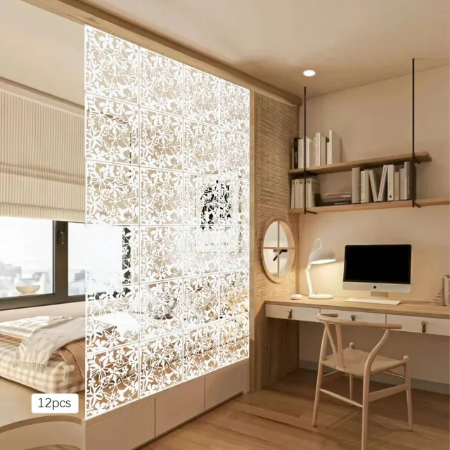 Whoopr® 12-Delig Kamer Scheidingsscherm - Kamerscherm 12 stuks - Wandpanelen - Decoratie - Wanddecoratie voor Woonkamer, Slaapkamer of Kantoor - 40x40 cm per paneel Wit