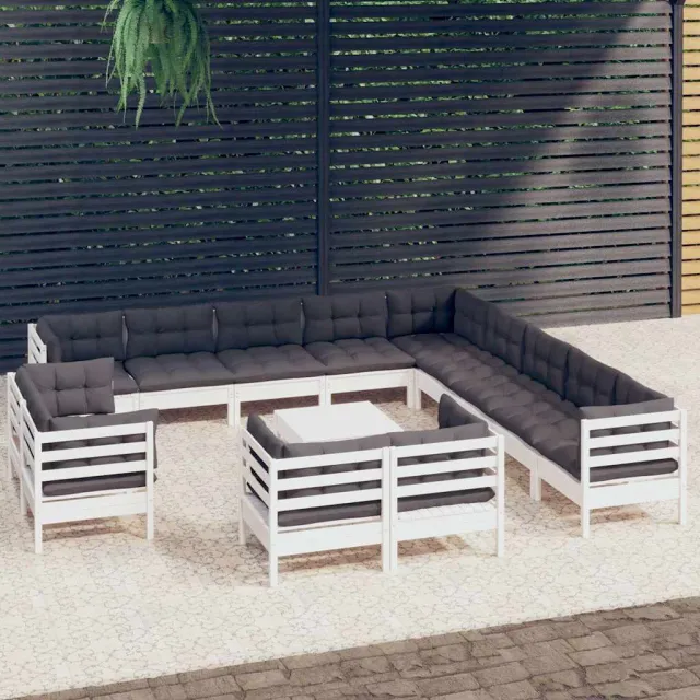 vidaXL 14-delige Loungeset met kussens massief grenenhout wit, foto 2