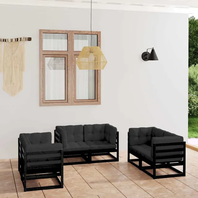 vidaXL 6-delige Loungeset met kussens massief grenenhout zwart, foto 2
