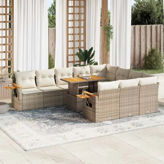 vidaXL 11-delige Tuinset met kussens poly rattan acacia beige, foto 2