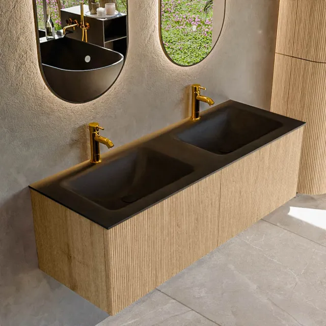 Mondiaz KURVE 130 cm Onderkast Greeploos 2 Lades Zonder Deuren Oak, Wastafel Solid Surface Dubbel Urban 2 Kraangaten Zonder Spiegel (KRVCLO1302L0D2KD-Oak/Urb)