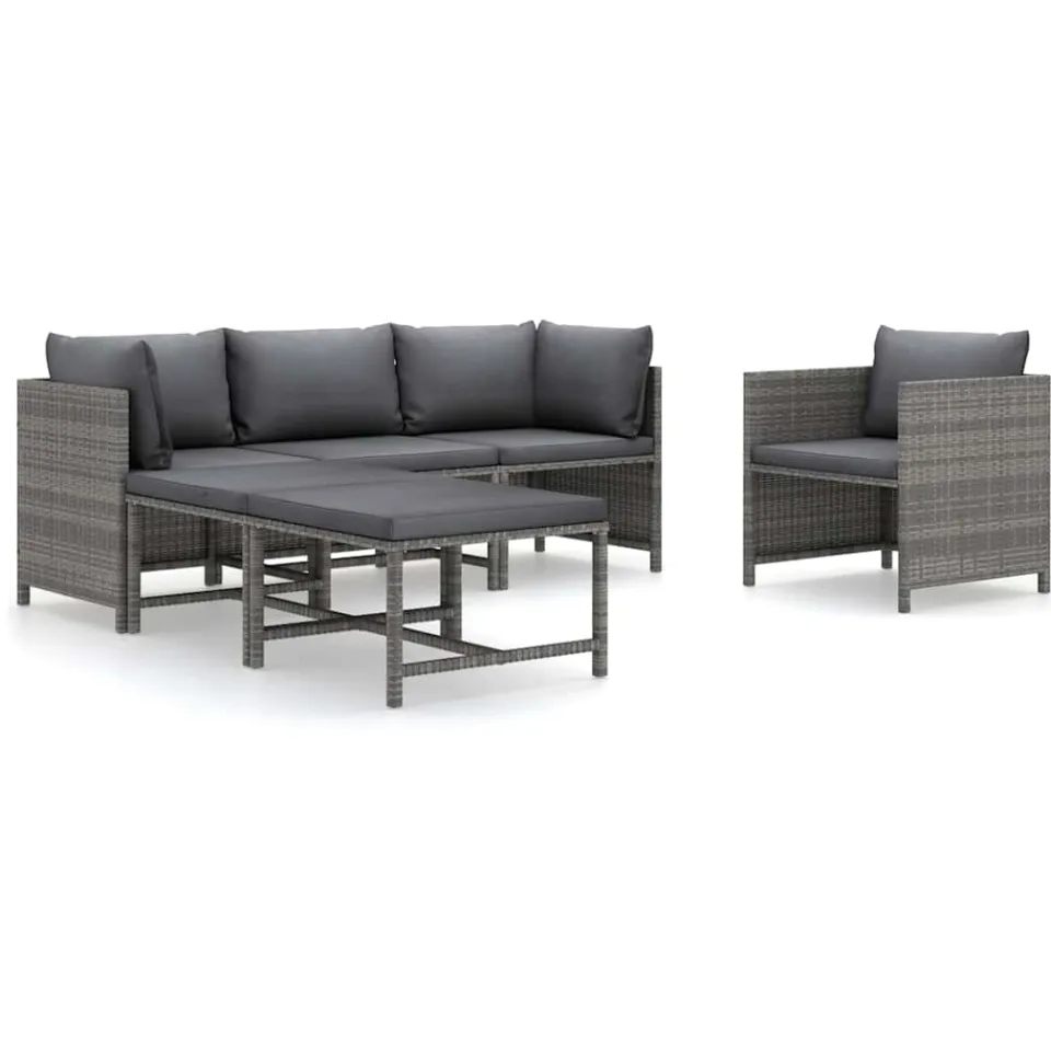 vidaXL 6-delige Loungeset met kussens poly rattan grijs