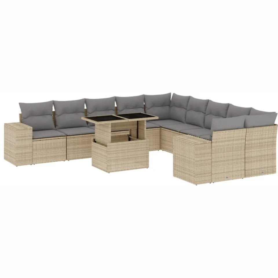 vidaXL 11-delige Tuinset met kussens poly rattan beige, foto 3