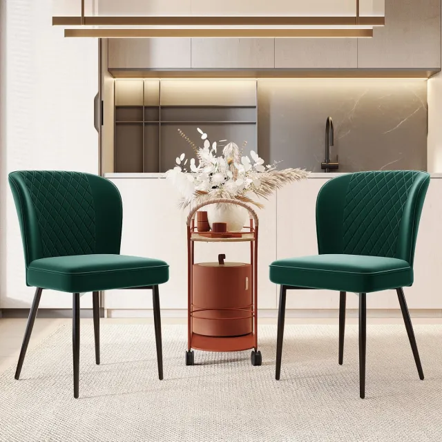 Welltin Eetkamerstoel Velvet Groen - Set van 2 - Gestoffeerde - Metalen Poten - Met rugleuning - Ergonomisch - Modern stijlvol design aan de eettafel Groente