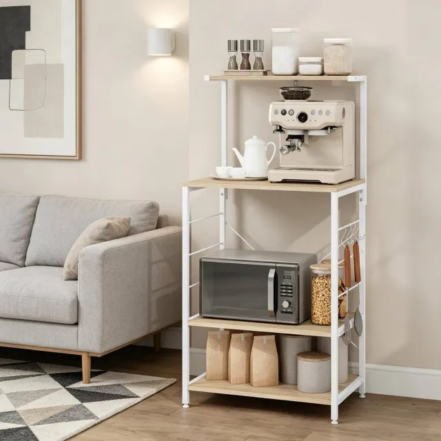 Wishdor Boekenkast - Open opbergrek met 4 planken - Stalen frame en hout - X-vormige achtersteun - Voor woonkamer, hal of keuken - Wit en licht eiken - 60 x 123 x 40 cm Wit + licht eiken