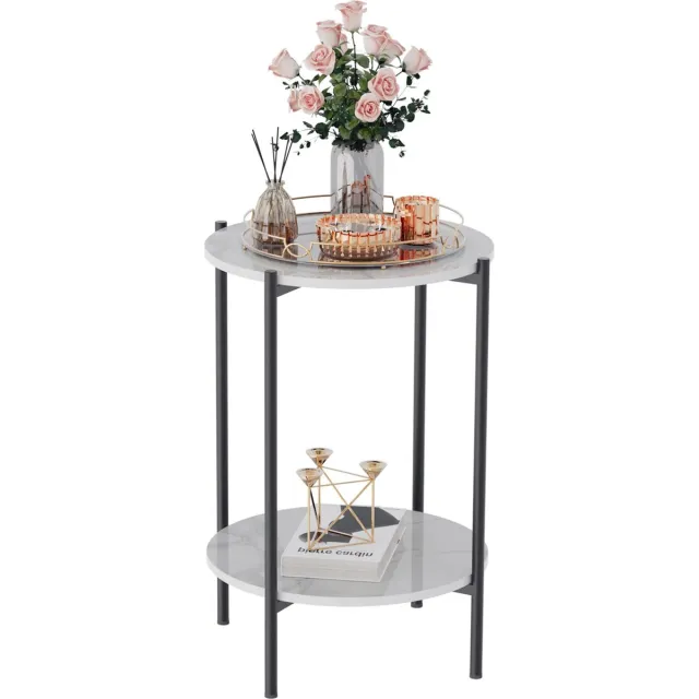 KTN® Bijzettafel - Koffietafel - Nachtkastje - Multifunctioneel Huismeubel - Zwart Metalen Poten - Rond - 2 Laags - Marmerlook Wit