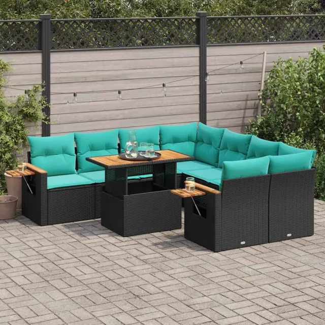 vidaXL 9-delige Loungeset met kussens poly rattan zwart, foto 2
