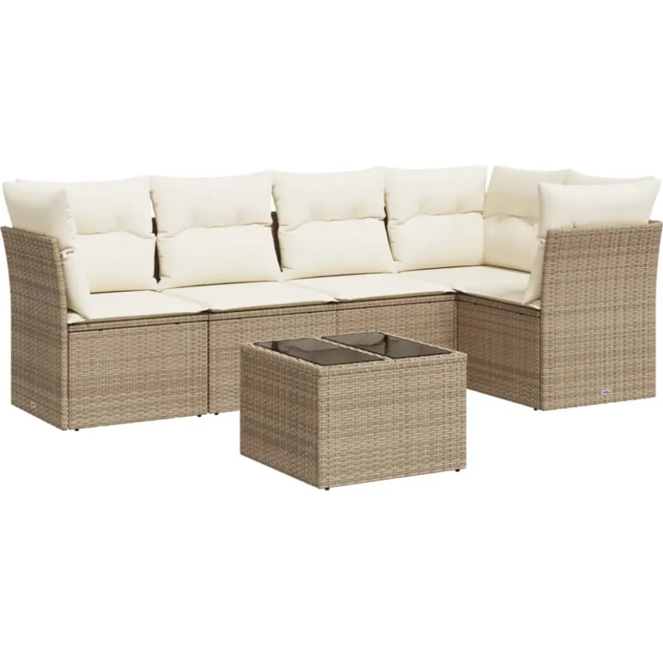vidaXL 6-delige Loungeset met kussens poly rattan beige