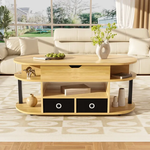 CHICFURN Salontafel - Hefblad - Opbergruimte - 2 lades - Houtlook en zwart