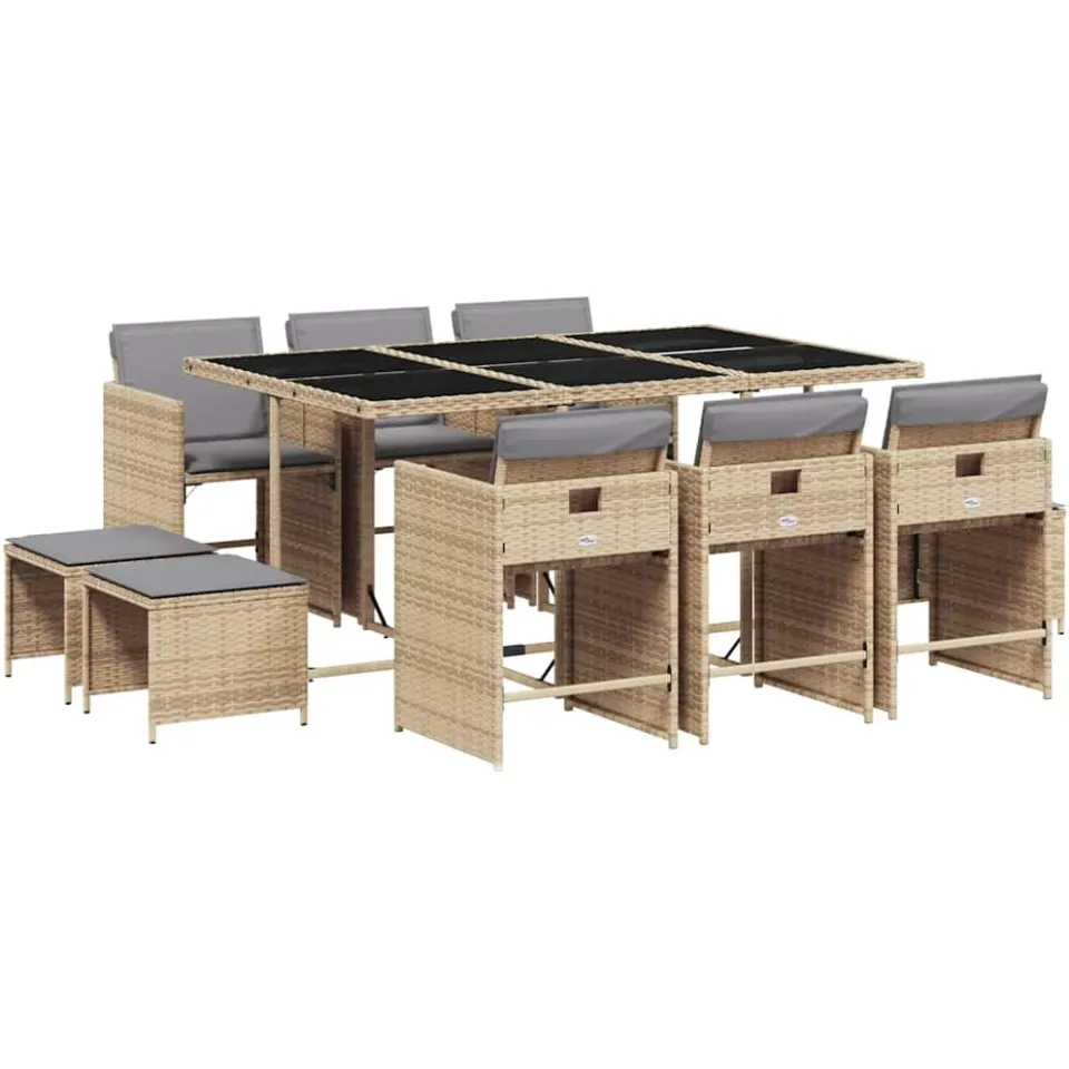 vidaXL 11-delige Tuinset met kussens poly rattan gemengd beige, foto 3