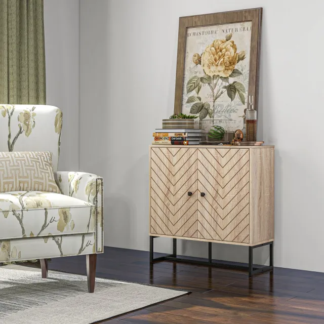 AURA LUMEN Buffetkast-Buffet met Chevron-motief-houten kast met zwarte metalen poten-80x29,5x80 cm Natuurlijk hout