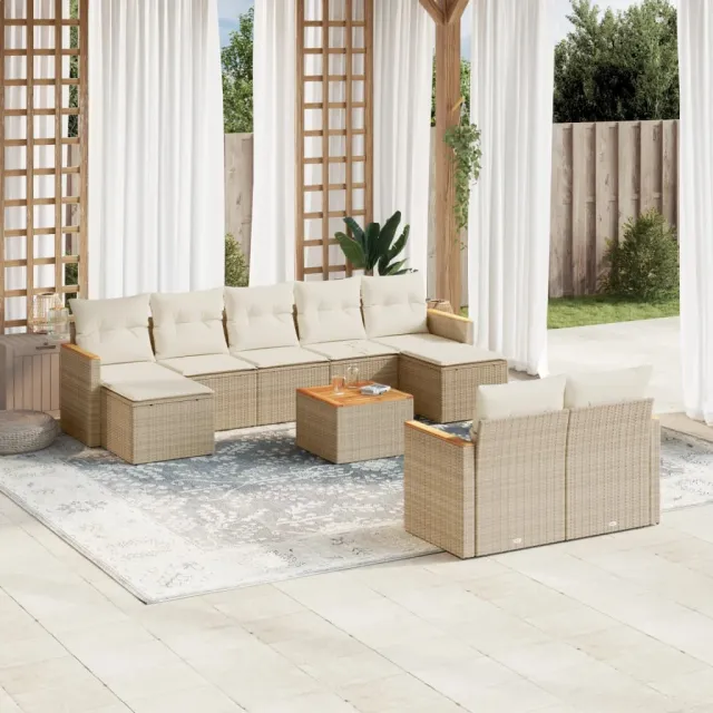 vidaXL 10-delige Loungeset met kussens poly rattan beige, foto 2