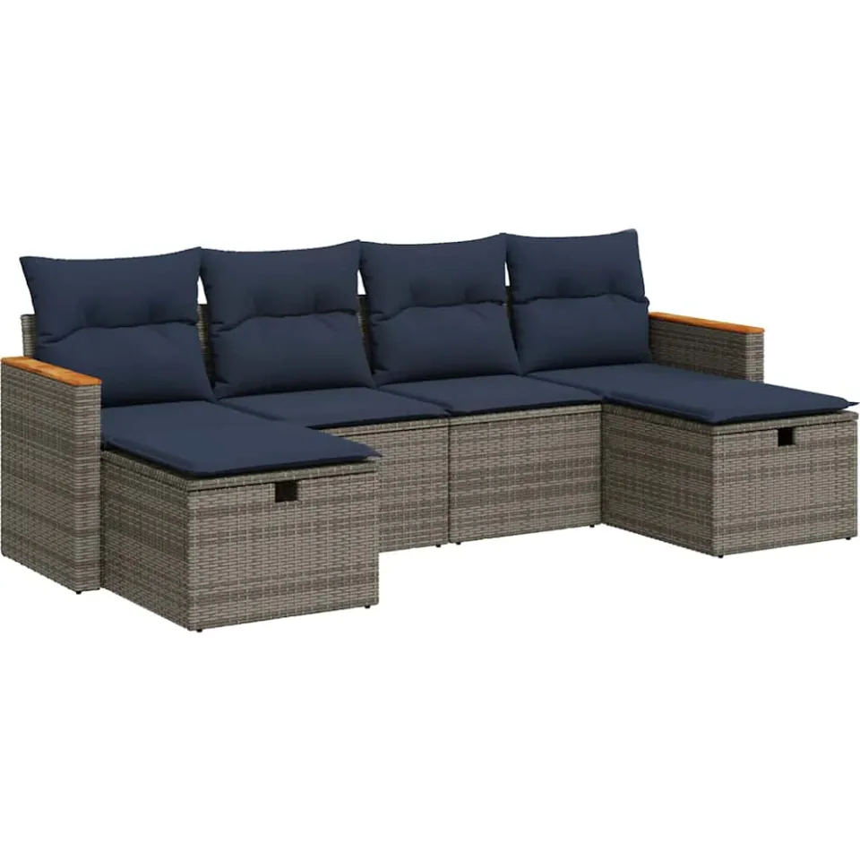vidaXL 6-delige Loungeset met kussens poly rattan grijs, foto 3