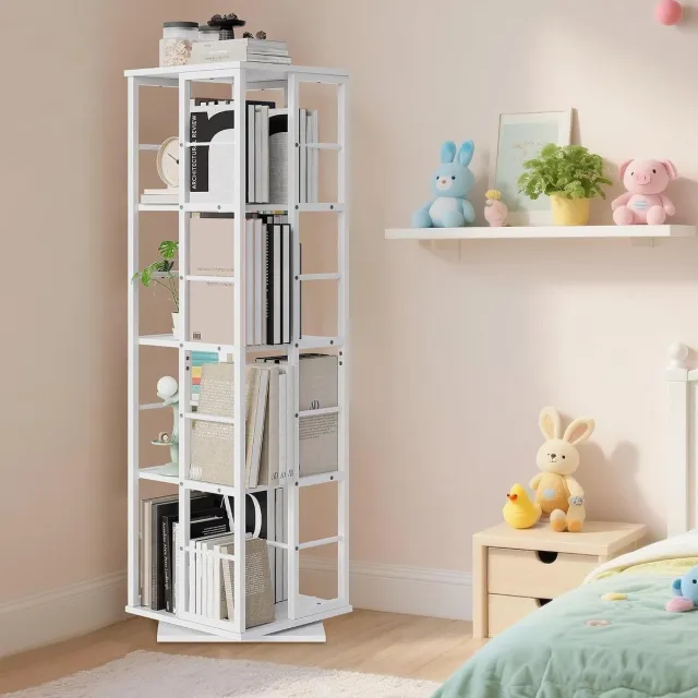 Danky Draaiende Boekenkast 360° Wit 137cm - 4 Lagen Hoek Opbergtoren Metaal
