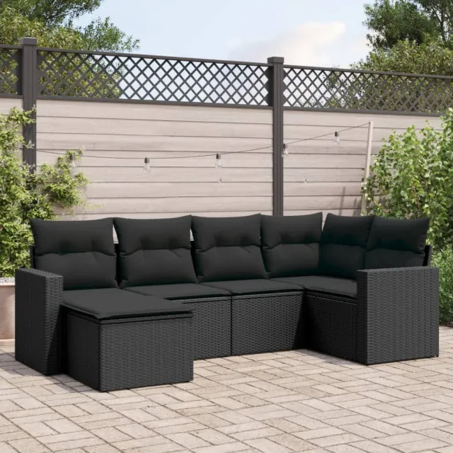 vidaXL 6-delige Loungeset met kussens poly rattan zwart, foto 2