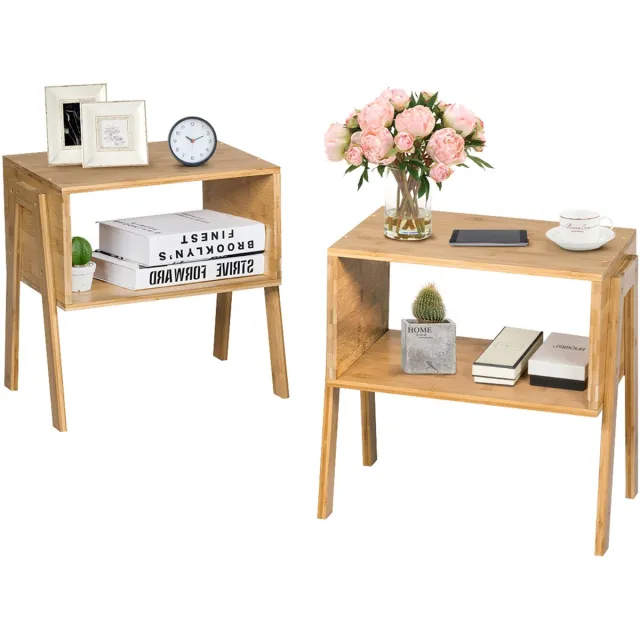 Costway Stapelbaar nachtkastje van bamboe, set van 2, bijzettafel met open vak, nachtkastje, banktafel, nachtkastje voor slaapkamer, woonkamer Naturel