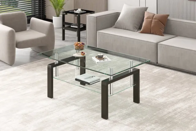 OKWISH Salontafel - Gehard Glas - 2 Laags Ontwerp - Rechthoekig Voor Woonkamer En Kantoor - Glas En Metaal - 100x60x44 Cm Clear