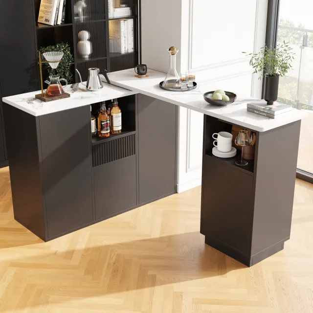 Sweiko Bartafel - 360° draaibaar - Met lades - Marmerlook - Keukeneiland - Zwart + Wit