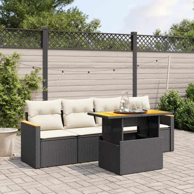 vidaXL 5-delige Loungeset met kussens poly rattan zwart, foto 2