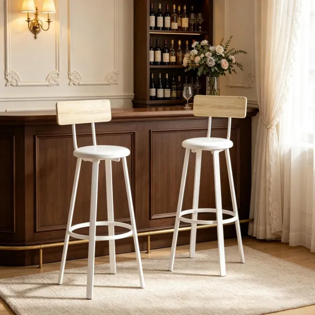 REDOM Barkrukken set van 2 - Met rugleuning en voetsteun - Gepolsterde zitting - Industriële stijl - Keukenbar - Metaal en MDF - Wit en Eik - 41,5 x 36,5 x 99,5 cm