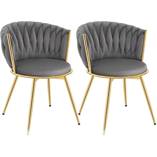 Whoopr® Set van 2 Draaibare Eetkamerstoelen – Fluwelen Stoelen met Ergonomische Rugleuning – 360° Draaibaar – Goudkleurige Metalen Poten Grijs